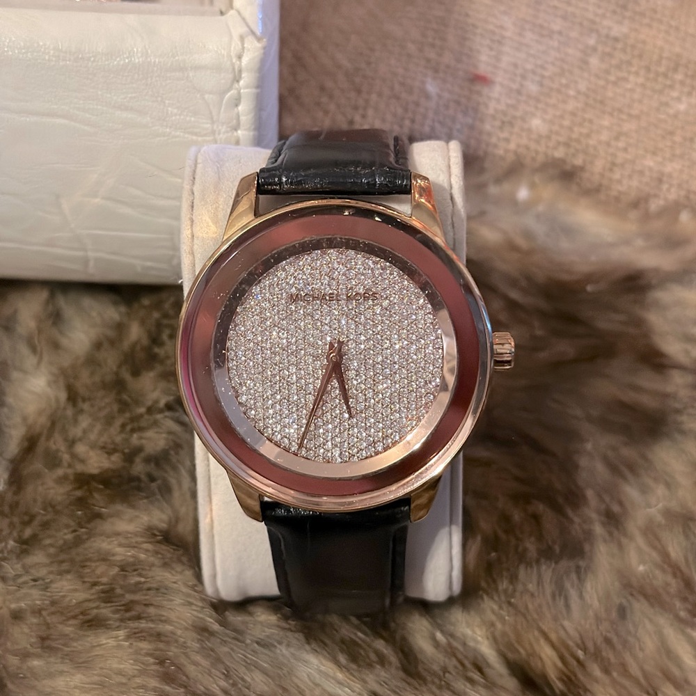 Women’s Michael Kors Kinley Pavé Rose Gold-Tone and Leather Watch